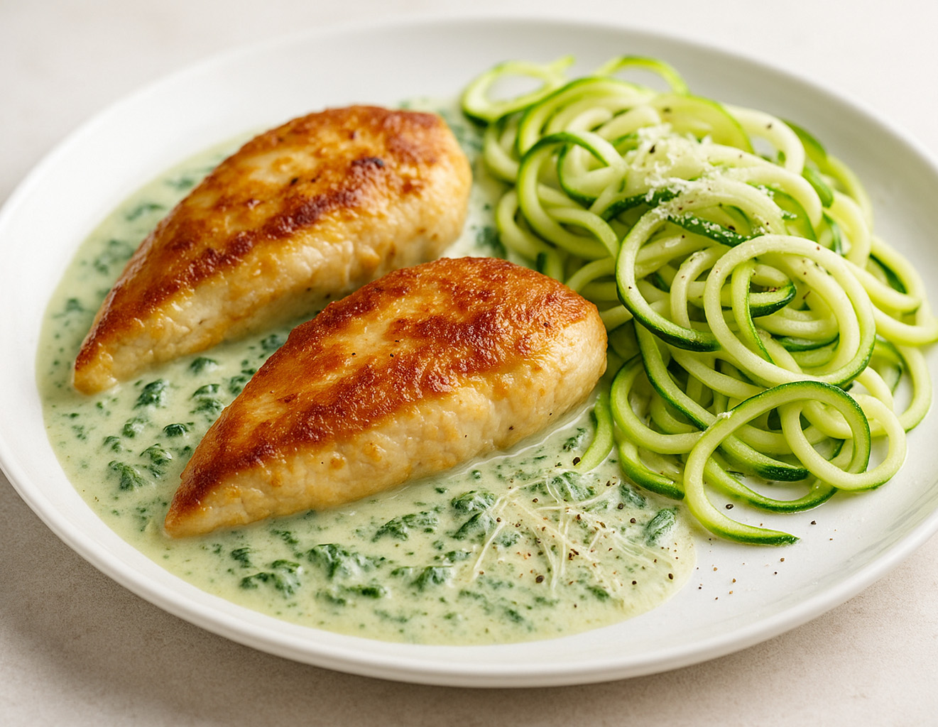 Goldbraun gebratene Hähnchenbrust in cremiger Spinat-Sahnesoße mit Zucchini-Nudeln
