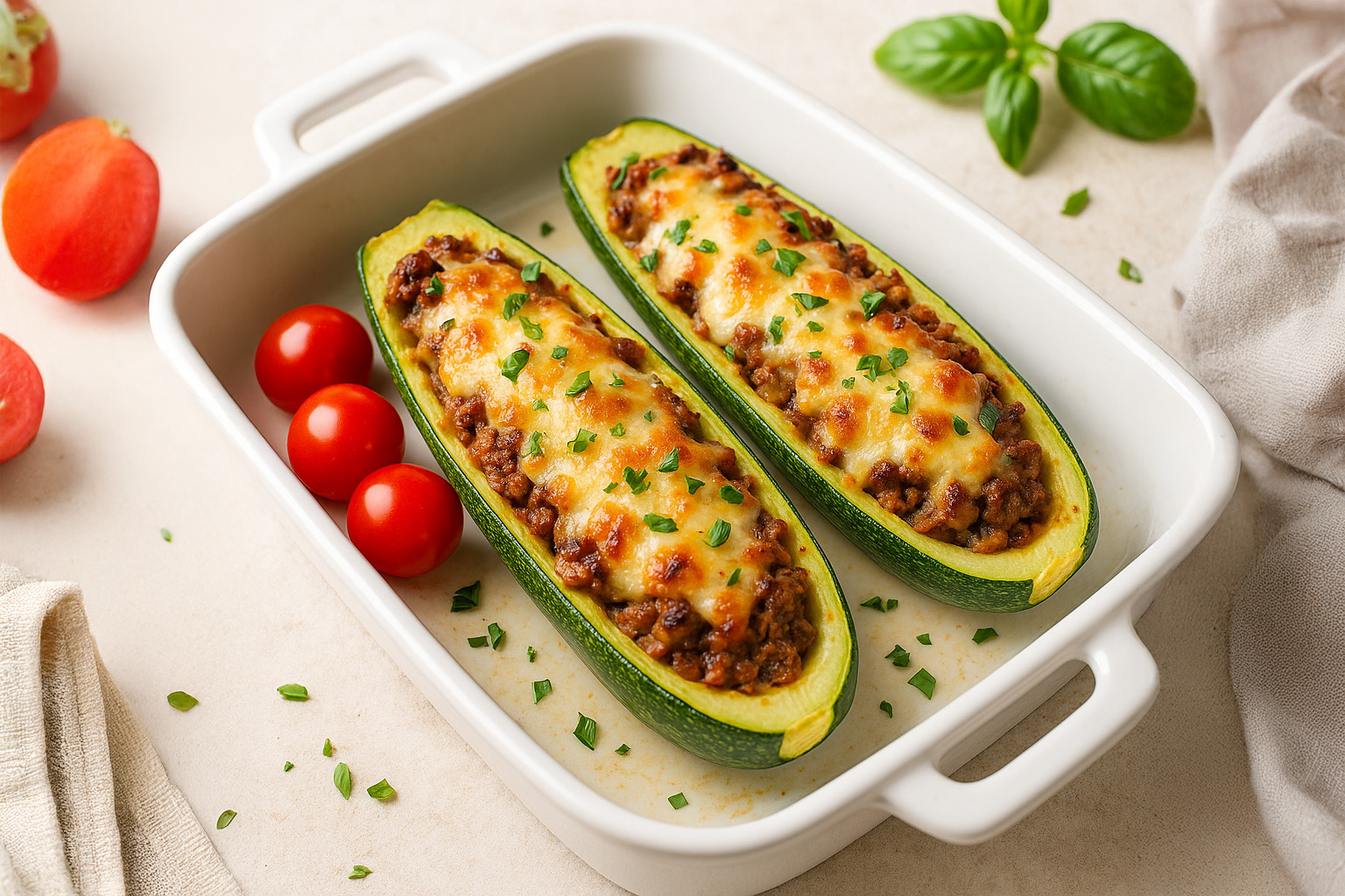 Gefüllte Zucchini-Boote mit Hackfleisch und Käse im Ofen überbacken
