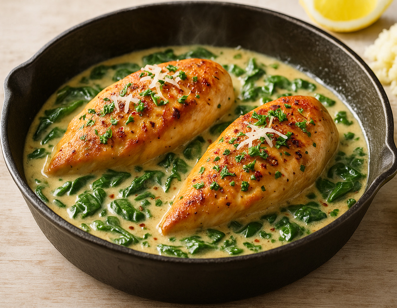 Zartes Hähnchen in cremiger Knoblauch-Parmesan-Sauce mit Spinat, in der Pfanne serviert