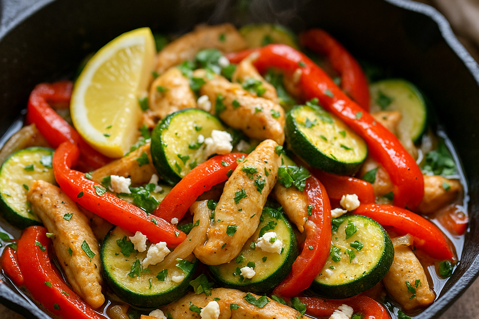 Bunte Low-Carb-Pfanne mit Hähnchenbrust, Paprika und Zucchini in leichter Zitronen-Kräuter-Sauce