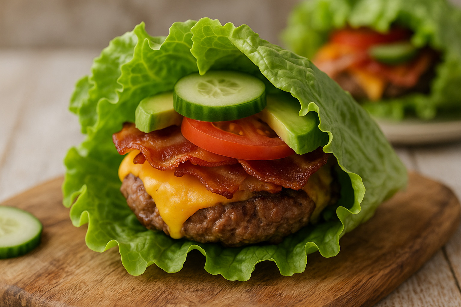 Keto-Burger ohne Brötchen mit Bacon, Käse und Avocado, serviert im Salatblatt