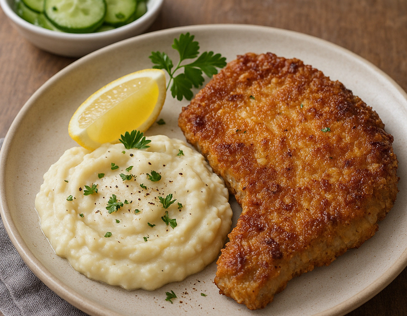 Goldbraunes Keto-Schnitzel in Mandelpanade mit cremigem Blumenkohlpüree, Zitrone und Petersilie