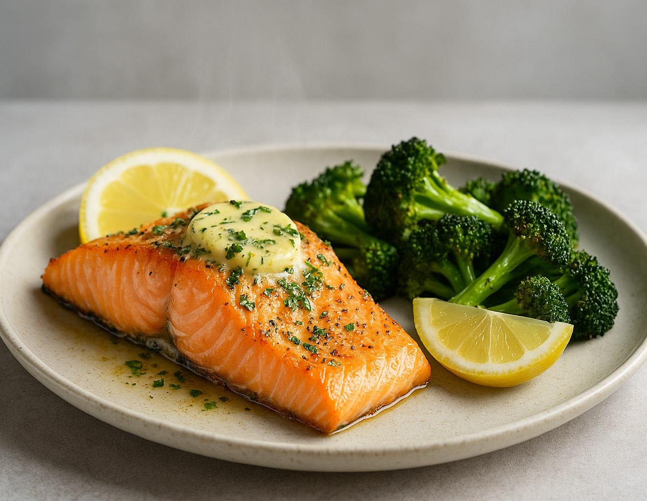 Ofenlachs mit Zitronen-Kräuterbutter und Brokkoli auf Blech, serviert mit Zitronenspalten