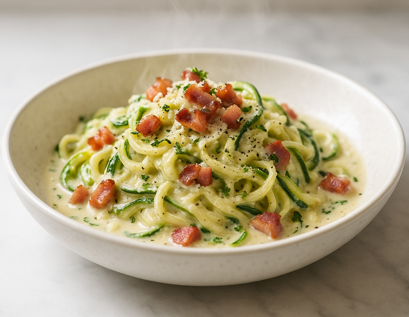 Zucchini-Spaghetti in cremiger Käsesahne mit knusprigen Speckwürfeln, Petersilie und Pfeffer